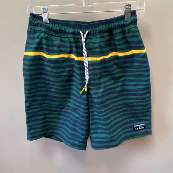 L.L. Bean Striped Swim Trunks S Green Yellow Recycled Polyester Elastic Waist - Picture 1 of 7